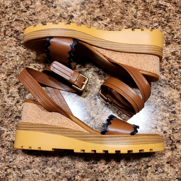 SEE BY CHLOÉ "Robin" Wedge Platform w/Ankle Strap - Tan/Brown/Black - Size 38/8 - Picture 5 of 12